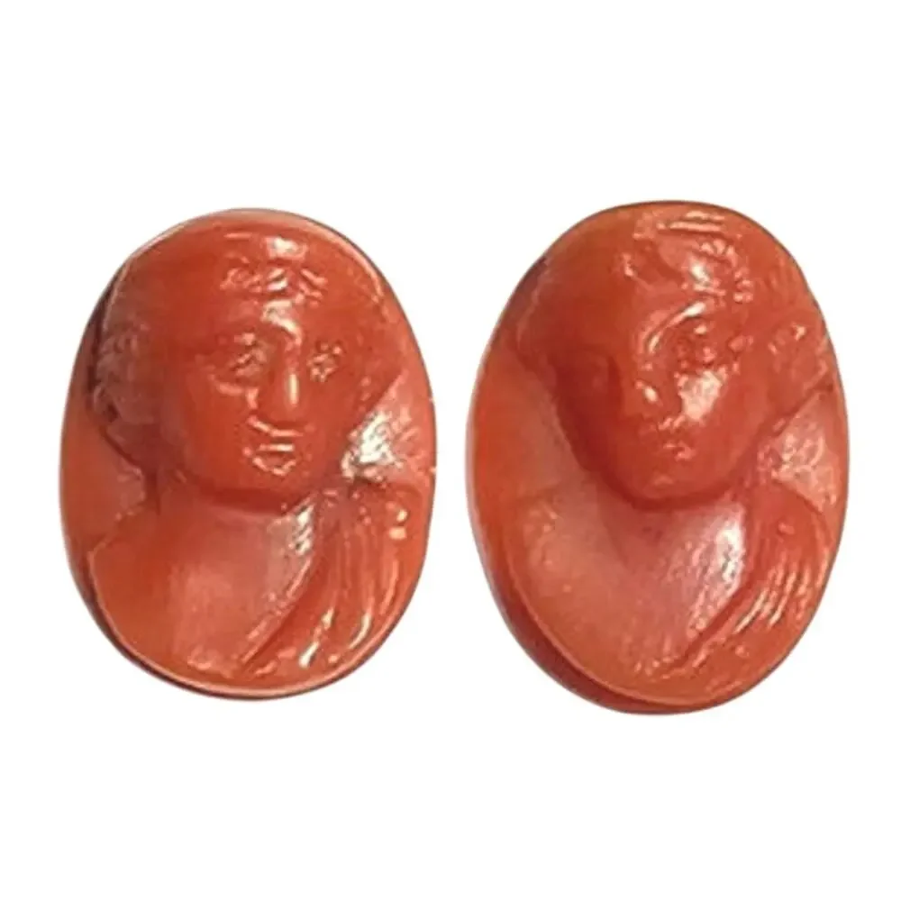 Antique Victorian Pair of Matching Natural Mediterranean Red Coral Oval Cameos